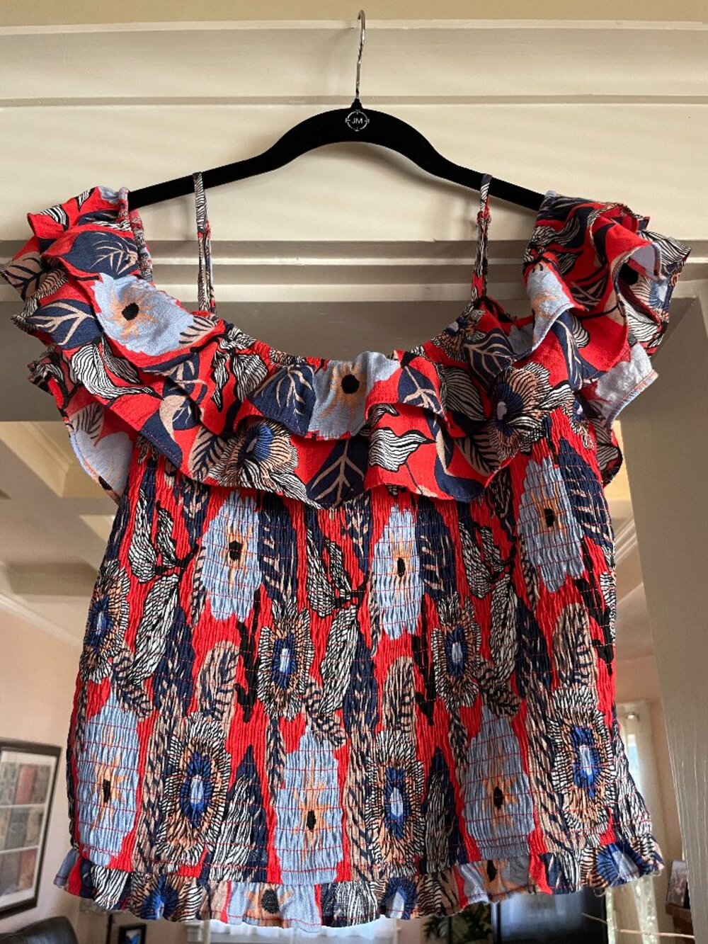 Milk & Honey Red Blue Floral Smocked Ruffle Flutter Sleeve Blouse - M